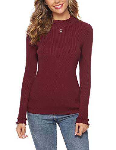 iClosam Camiseta Manga Larga Mujer Slim Fit Suelto Deportiva Casual Primavera Cuello Pullover Tops Elegantes Blusas Jersey Punto Suelto Top (Vino Tinto, XXL)