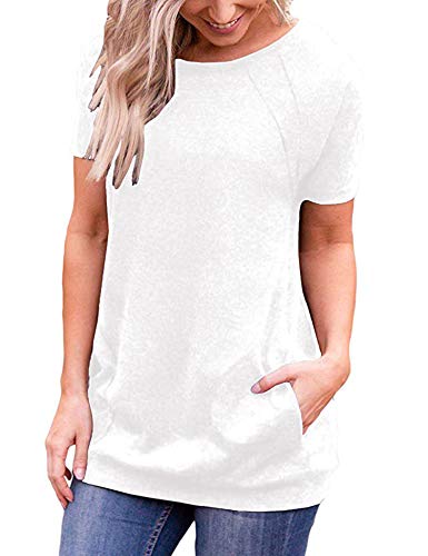iClosam Camiseta para Mujer Verano con Cuello Redondo Túnica Loose Fit Top con Bolsillos Laterales S-XXL (Blanco, M)
