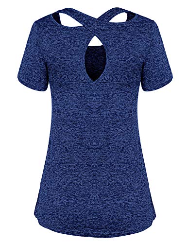 iClosam Camiseta para Mujer Yoga Deportiva Colores Lisos Fitness Transpirable Sueltos Gimnasio Ropa Algodon De Mujers (Azul Real 1, L)