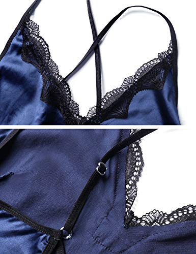 iClosam Camisón Seda Mujer Sexy,Camisones Satén Cuello en V Pijama Sin Manga Correas Ajustables Ropa de Dormir Lencería Suave y Ligero