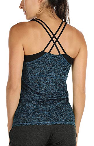 icyzone - Camiseta de yoga 2 en 1 para mujer con sujetador, Todo el año, Sin mangas, Mujer, color azul oscuro, tamaño XL