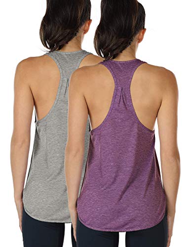 icyzone Camiseta sin Mangas de Fitness para Mujer Chaleco Deportivo, Pack de 2 (M, Gris/UVA Morada)