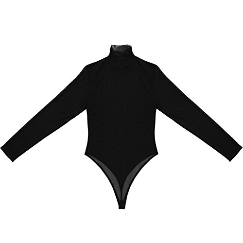 IEFIEL Lencería Sexy Mujer Conjunto Una Pieza Body Transparente Mono Manga Larga Ropa Interior Leotardo Cuello Alto Bodies Entrepierna con Corchetes Tanga Negro M