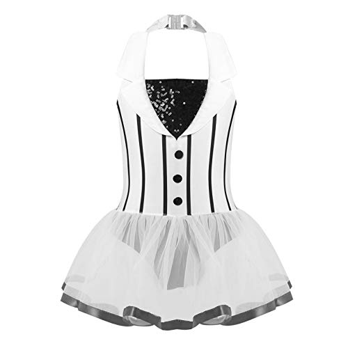 IEFIEL Maillot de Danza Ballet Niñas Maillot Tul Tutú de Patinaje Artistico Maillot de Gimnasia Ritmica Body de Danza Gimnástica Vestido Baile Moderna Blanco 13-14 años