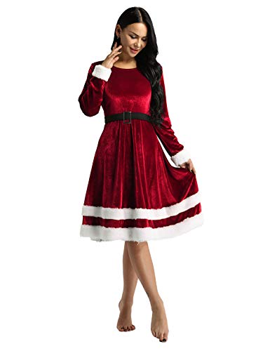 IEFIEL Vestido Invierno de Fiesta Navidad para Mujer Vestido Elegante Manga Larga Traje Terciopelo Disfraz Mamá Noel Traje de Miss Santa Claus Fancy Dress Rojo 5X-Large