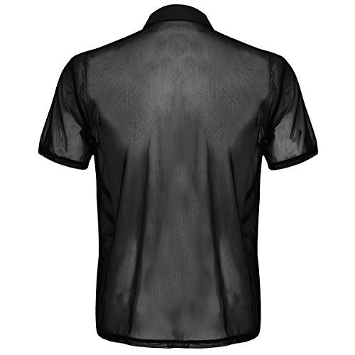 iiniim Camiseta de Malla Hombre Transparente con Cuello Men's T-Shirt Sexy Verano Manga Corta Camisa Negro Respirable Clubwear Traslúcido Traje Club Lencería Adultos Negro Medium