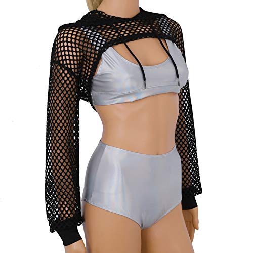 iiniim Crop Top con Capucha Mujer Manga Larga de Malla Transparente Pecho Abierto Blusa Chaleco Sexy Tops Camiseta Corta Traje Club Danza Fiesta Mesh Fishnet Hooded Shirts Negro S