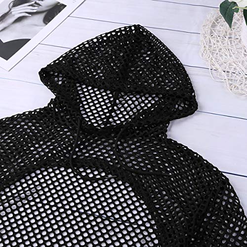 iiniim Crop Top con Capucha Mujer Manga Larga de Malla Transparente Pecho Abierto Blusa Chaleco Sexy Tops Camiseta Corta Traje Club Danza Fiesta Mesh Fishnet Hooded Shirts Negro S