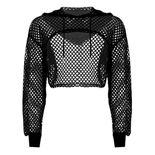 iiniim Crop Top con Capucha Mujer Manga Larga de Malla Transparente Pecho Abierto Blusa Chaleco Sexy Tops Camiseta Corta Traje Club Danza Fiesta Mesh Fishnet Hooded Shirts Negro S