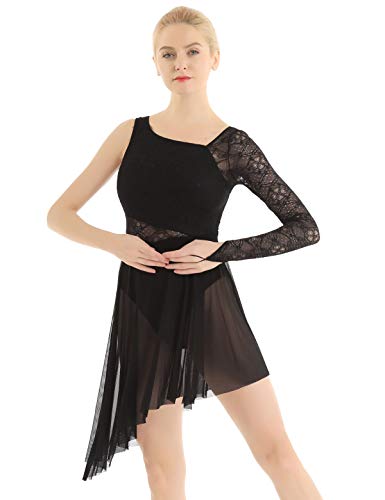 iixpin Vestido de Danza Lírica Moderna Maillot de Patinaje Artística Traje Bailarina Vestido de Encaje Floral Falda Asimétrica de Tul con Bragas Negro Large