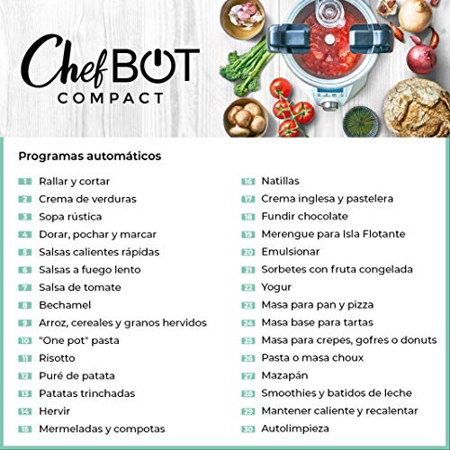IKOHS CHEFBOT Compact STEAMPRO - Robot de Cocina Multifunción, Cocina al Vapor, 23 Funciones, 10 Velocidades con Turbo, Bol Acero Inoxidable 2,3 L, Libre BPA (con Vaporera y Recetario - Negro)