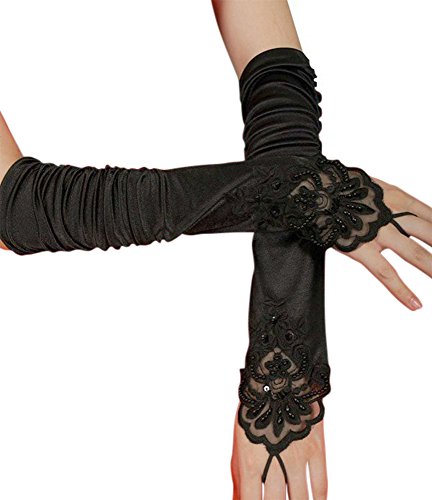 iLoveCos 1920s Largo sin Dedos Boda Novia Tarde Guantes Satin Elegante para Accesorios de Vestuario Traje Fiesta (Black)