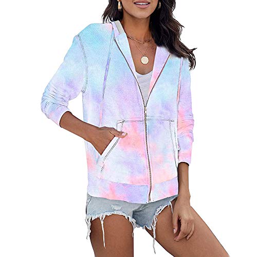 iMixCity Sudadera con Capucha y Cremallera Completa para Mujer Sudadera con Estampado Tie Dye Chaqueta Informal Ligera con Bolsillos (Azul, M)