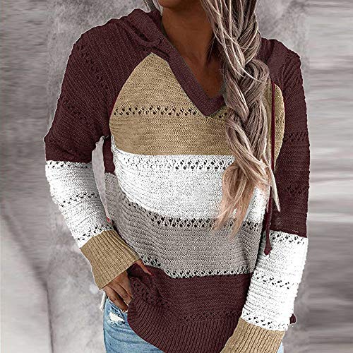 iMixCity Suéter con Capucha Ahuecado para Mujer Bloque de Color Casual Patchwork con Cuello en V Jerseys túnica Tops Sudadera (Café, XL)