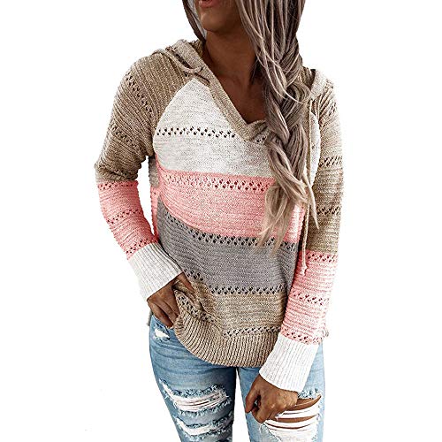 iMixCity Suéter con Capucha Ahuecado para Mujer Bloque de Color Casual Patchwork con Cuello en V Jerseys túnica Tops Sudadera (Caqui, M)