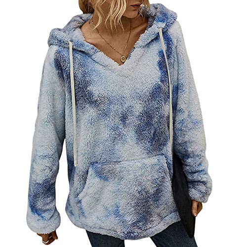 iMixCity Suéter de Lana borroso para Mujer Sudadera con Capucha de Sherpa con Estampado de teñido Anudado Peludo Abrigo Informal Suelto con Bolsillo (Azul Claro, L)