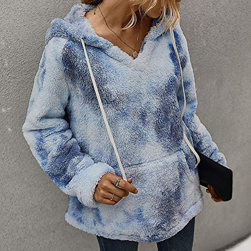 iMixCity Suéter de Lana borroso para Mujer Sudadera con Capucha de Sherpa con Estampado de teñido Anudado Peludo Abrigo Informal Suelto con Bolsillo (Azul Claro, L)