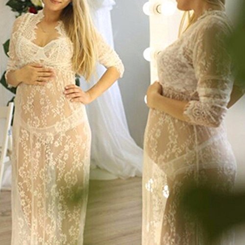 iMixCity Vestido de Noche de Las Mujeres Embarazadas Cuello en V Profundo Manga Larga Ver a través del Vestido de Encaje Maxi Vestido de Playa Vestido de Maternidad Sexy Disparar Vestido (M, Blanco)