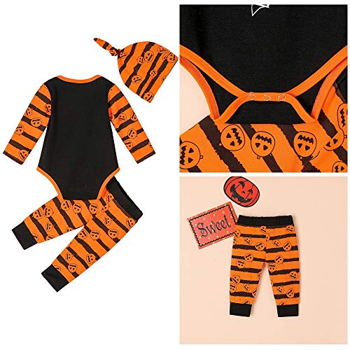 Infantil Disfraz Halloween Fossen Recien Nacido Niña Niño Bebe Monos de Calabaza Tops con Sombrero de Raya + Sombrero (6-12 Meses, Naranja)