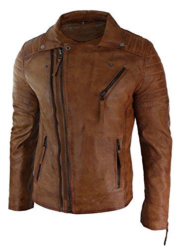 Infinity Chaqueta Ajustada para Caballero, Cuero autentico con Cierre de Cremallera en Cruz Tipo Retro Vintage Biker - Marron, Medium