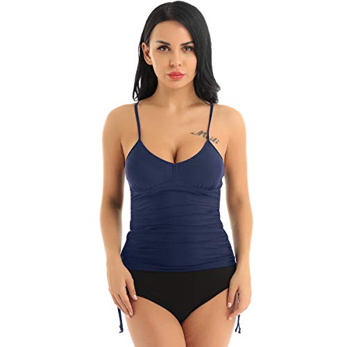 inhzoy Top Parte de Arriba Bikini para Mujer Traje de Baño con Acolchado Bikini Push Up Cuello en V Chaleco Sin Mangas Verano Ropa de Playa Azul Marino Small
