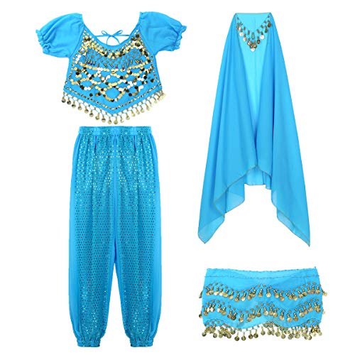 inhzoy Vestido Danza del Vientre para Mujer Disfraz de Princesa Árabe Traje de Baile India Lentejuelas Conjunto de Danza Oriental 4Pcs para Fiesta Actuación Lago Azul Talla Única