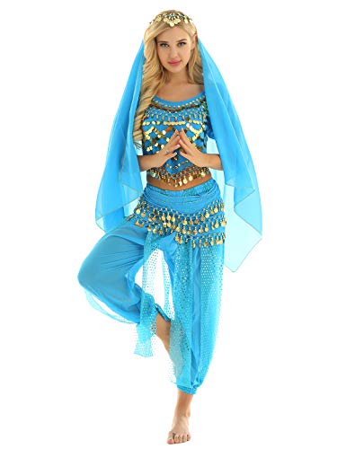 inhzoy Vestido Danza del Vientre para Mujer Disfraz de Princesa Árabe Traje de Baile India Lentejuelas Conjunto de Danza Oriental 4Pcs para Fiesta Actuación Lago Azul Talla Única