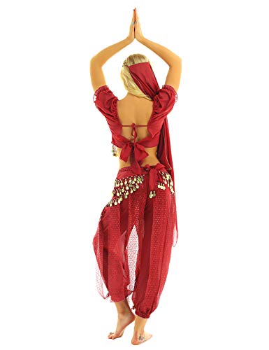 inhzoy Vestido Danza del Vientre para Mujer Disfraz de Princesa Árabe Traje de Baile India Lentejuelas Conjunto de Danza Oriental 4Pcs para Fiesta Actuación Rojo Talla Única