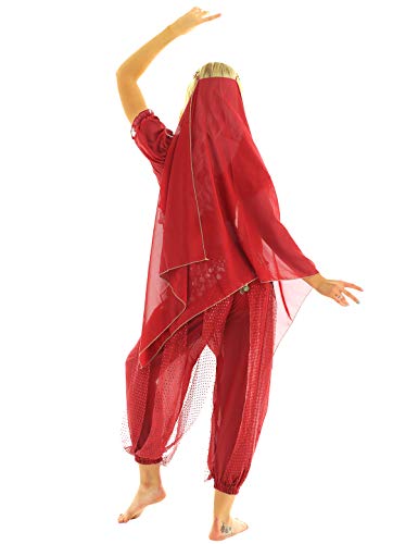 inhzoy Vestido Danza del Vientre para Mujer Disfraz de Princesa Árabe Traje de Baile India Lentejuelas Conjunto de Danza Oriental 4Pcs para Fiesta Actuación Rojo Talla Única