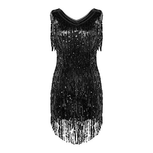 inhzoy Vestido de Baile Latino Lentejuelas para Mujer Vestido de Rumba Tango Salsa Samba Flecos Traje de Baile de Salón Disfraz de Fiesta Dancewear Negro XXL