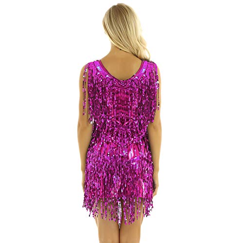 inhzoy Vestido de Baile Latino Lentejuelas para Mujer Vestido de Rumba Tango Salsa Samba Flecos Traje de Baile de Salón Disfraz de Fiesta Dancewear Rosa Oscuro M