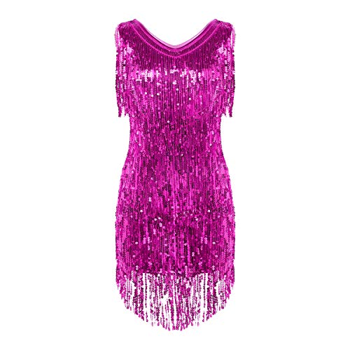 inhzoy Vestido de Baile Latino Lentejuelas para Mujer Vestido de Rumba Tango Salsa Samba Flecos Traje de Baile de Salón Disfraz de Fiesta Dancewear Rosa Oscuro M