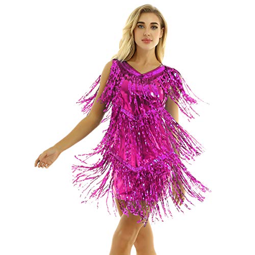 inhzoy Vestido de Baile Latino Lentejuelas para Mujer Vestido de Rumba Tango Salsa Samba Flecos Traje de Baile de Salón Disfraz de Fiesta Dancewear Rosa Oscuro M