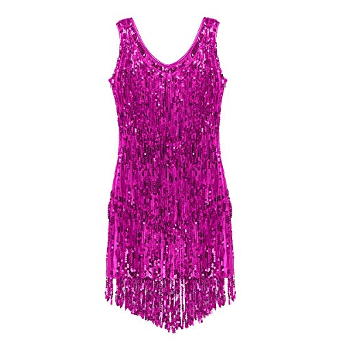inhzoy Vestido de Baile Latino Lentejuelas para Mujer Vestido de Rumba Tango Salsa Samba Flecos Traje de Baile de Salón Disfraz de Fiesta Dancewear Rosa Oscuro M