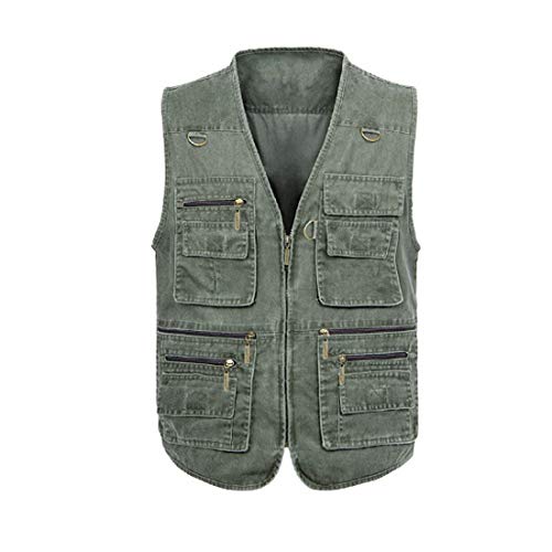 Inlefen Hombres Clásicos Multi reporteros de Bolsillo Fotografía Pesca Caza Senderismo Chaleco Chaleco Cremallera Sin Mangas Chaqueta Retro Casual Denim Chalecos(Ejercito verde-4XL)