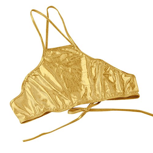 inlzdz Bikini Mujer Brasileño 2 Piezas Conjunto de Bikini de Cuero Bañador Brillante Sujetador Cuello Halter Push Up y Tanga G- String Sexy Swimwear Wetlook Dorado X-Large