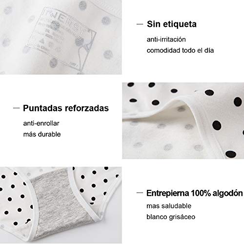INNERSY Bragas Mujer Algodón Culotte de Sexy y Cómoda Ropa Interior Pack de 6 (L-EU 42, 4Lunares+1Gris+1Blanco)