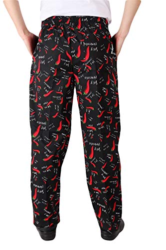 Insun Hombre Pantalones de Cocinero Pantalón Elástico para Chef Cocinero Trabajo Pantalones Negro Pimiento Rojo 40