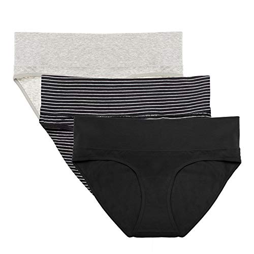 Intimate Portal Mujer Ropa Interior de Maternidad Plegables Braguitas Premamá de Dos Vías Braguitas de Algodón Negro Gris Rayas (PK de 3) S