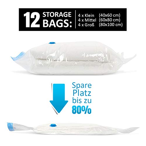 int!rend 33 XXL Vacuum Bag Set - 12 Bolsas de almacenaje al vacío Reutilizables | 3 tamaños Diferentes Incluyendo 20 blocs de Notas y Bomba de Mano | Estiba de Ropa de Cama, Almohadas, Fundas de Cama