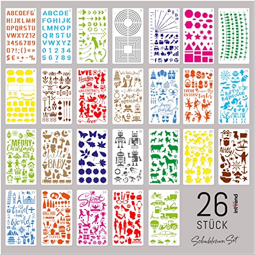 int!rend Plantillas de dibujo | Stencil set 26 plantillas de plástico | Dibujos y formas para tarjetas de cumpleaños o regalo, álbum de recortes, álbum de fotos, diario