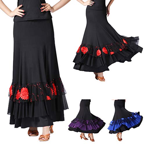 IPOTCH Falda de Flamenco Volante para Mujer - Negro + Rojo, como se describe