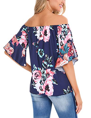 Irevial Camiseta Mujer Sexy, Top de Gasa con Hombros Descubiertos y Cuello de Manga Acampanada, Blusas Mujer Verano de Estampado de Flores