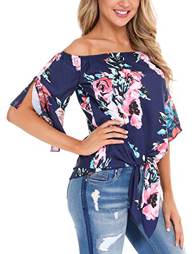 Irevial Camiseta Mujer Sexy, Top de Gasa con Hombros Descubiertos y Cuello de Manga Acampanada, Blusas Mujer Verano de Estampado de Flores