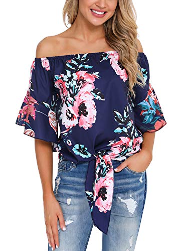 Irevial Camiseta Mujer Sexy, Top de Gasa con Hombros Descubiertos y Cuello de Manga Acampanada, Blusas Mujer Verano de Estampado de Flores