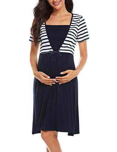 Irevial Camisón Premamá algodón, Raya Pijama Lactancia Hospital Manga Corta,Maternidad Ropa para Dormir Verano,Azul,m