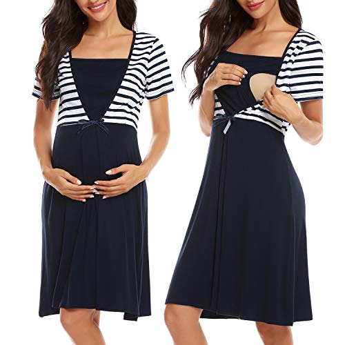 Irevial Camisón Premamá algodón, Raya Pijama Lactancia Hospital Manga Corta,Maternidad Ropa para Dormir Verano,Azul,m