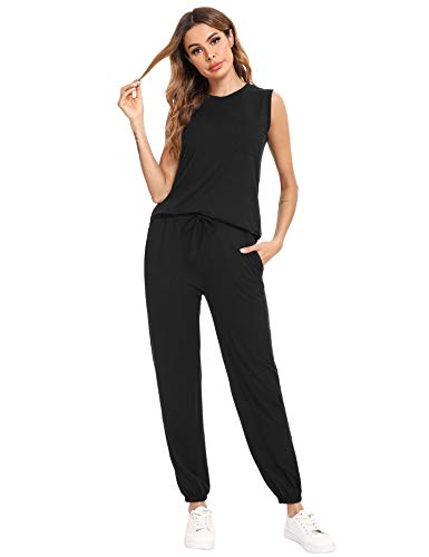 Irevial Conjunto Chándal mujer Completo Camiseta Mujer sin Mangas con bolsillos y Pantalón Chándal deportivo Mujer de casa Dos Piezas para primavera y Verano