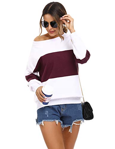 Irevial Jersey de Punto Mujer Invierno, Suéter de Manga Larga Hombro Descubierto Mujer Sexy, Camiseta Mujers Colores de Costura Casual para otoño Invierno