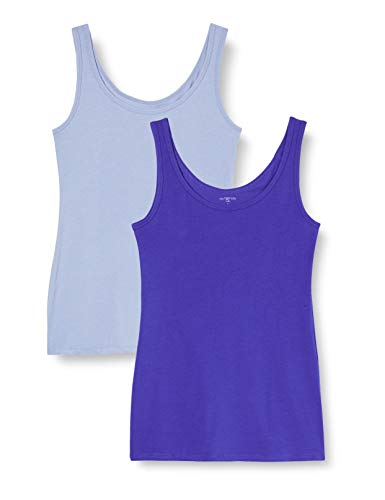 IRIS & LILLY Camiseta de Tirantes de Algodón para Mujer, Pack de 2, 1 x Azul Vaquero & 1 x Azul Brillante, X-Small